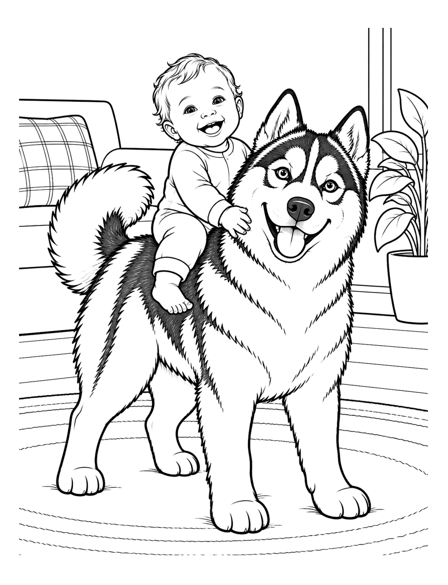 Interior coloring page — black-and-white line illustration of a baby riding a husky dog in a living room setting