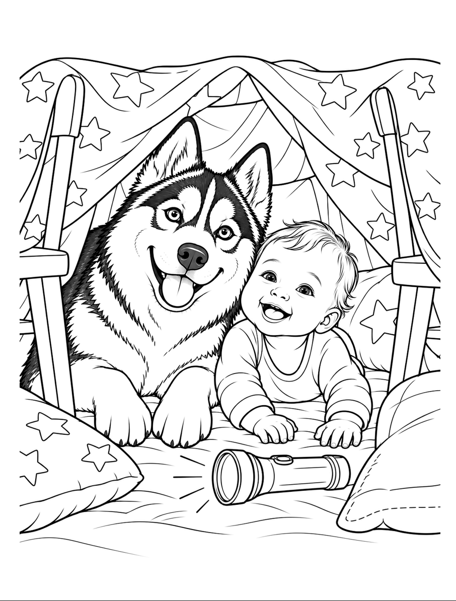 Interior coloring page — black-and-white line illustration of a smiling husky dog and a baby crawling together inside a star-patterned tent with a flashlight