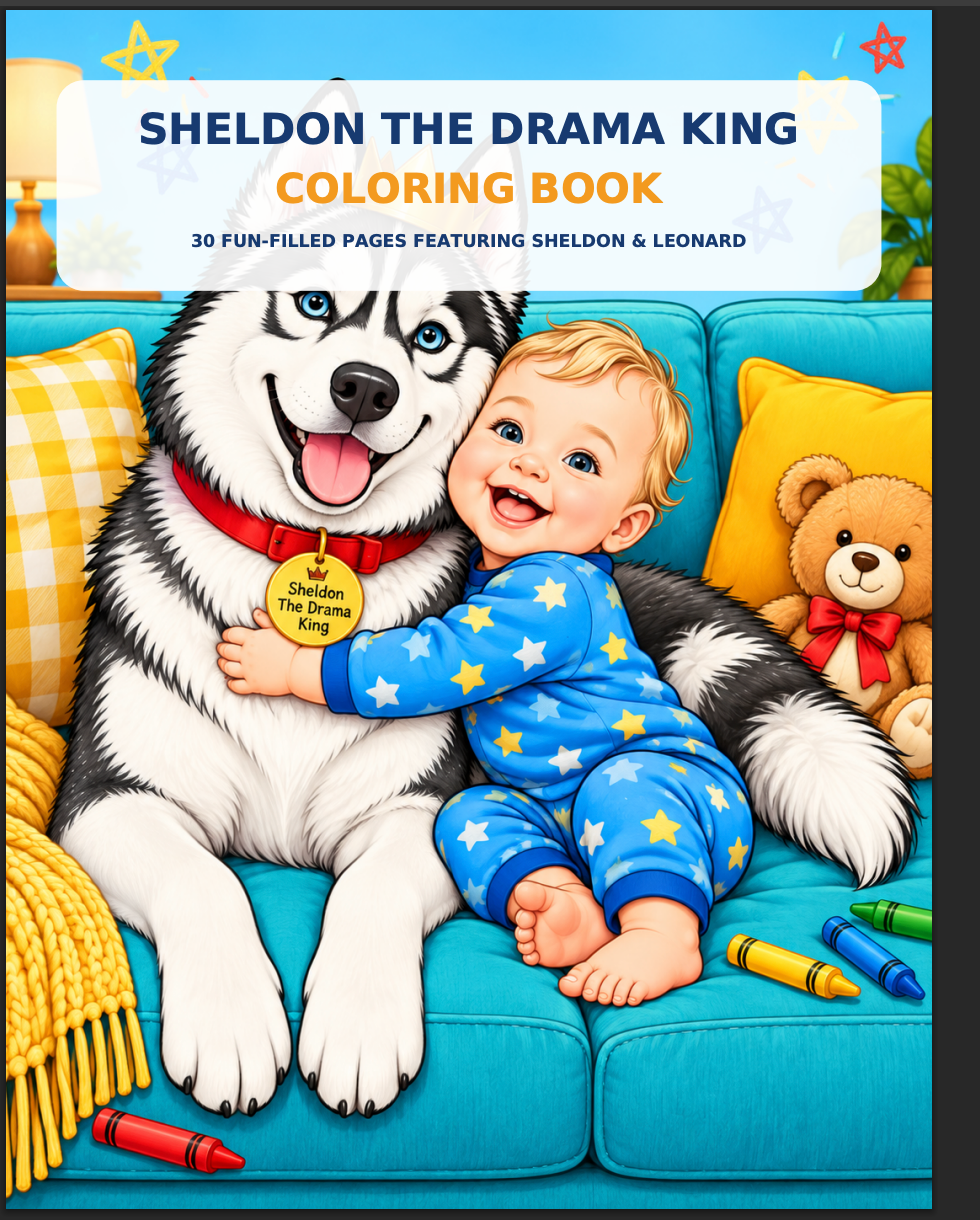 Sheldon The Drama King Coloring Book cover — colorful illustration of Sheldon the husky and baby Leonard hugging on a couch