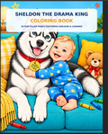 Sheldon The Drama King Coloring Book cover — colorful illustration of Sheldon the husky and baby Leonard hugging on a couch