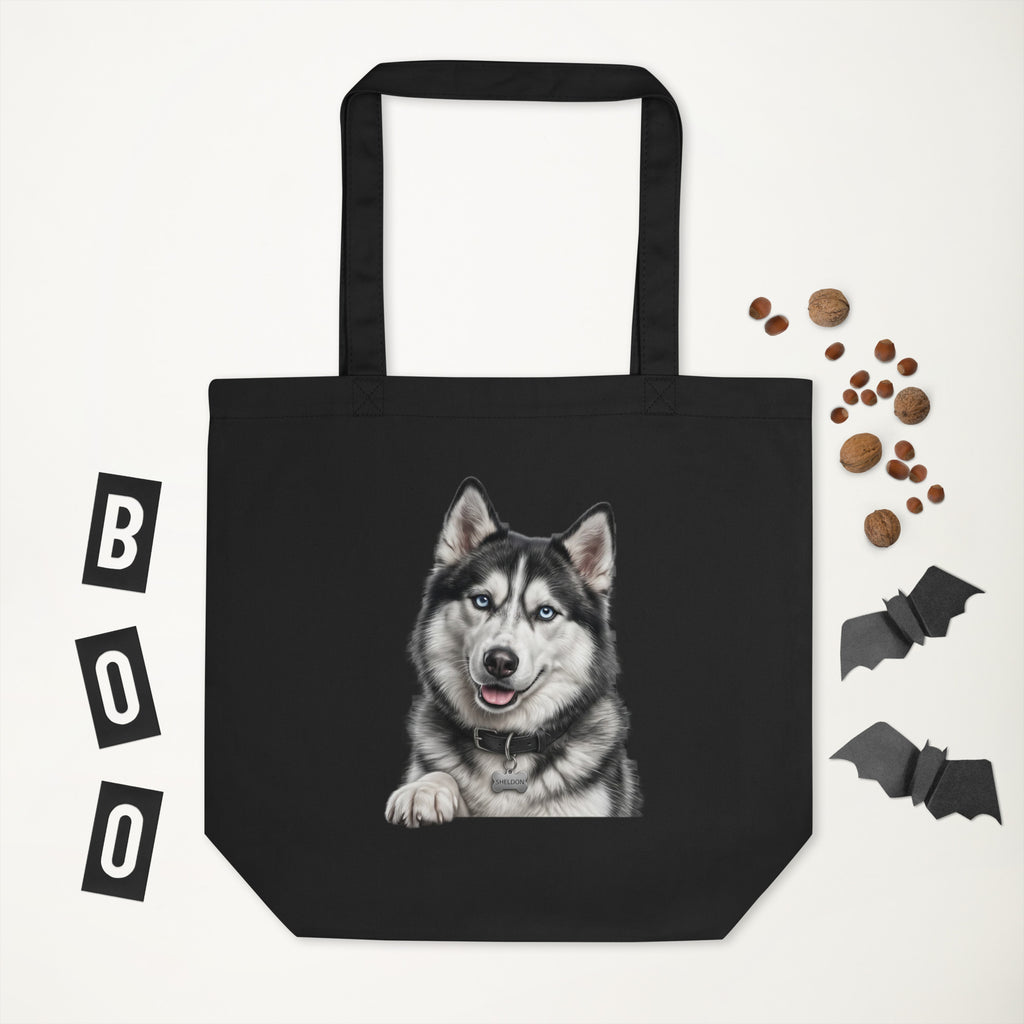 Sheldon the husky in full dramatic mode, Drama King design on organic cotton eco tote bag, black, front view