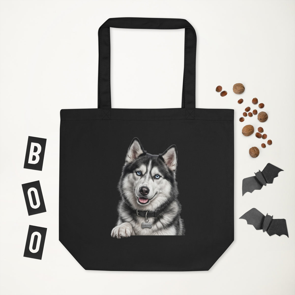 Sheldon the husky in full dramatic mode, Drama King design on organic cotton eco tote bag, black, front view