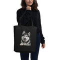 Sheldon the husky in full dramatic mode, Drama King design on organic cotton eco tote bag, black, front view