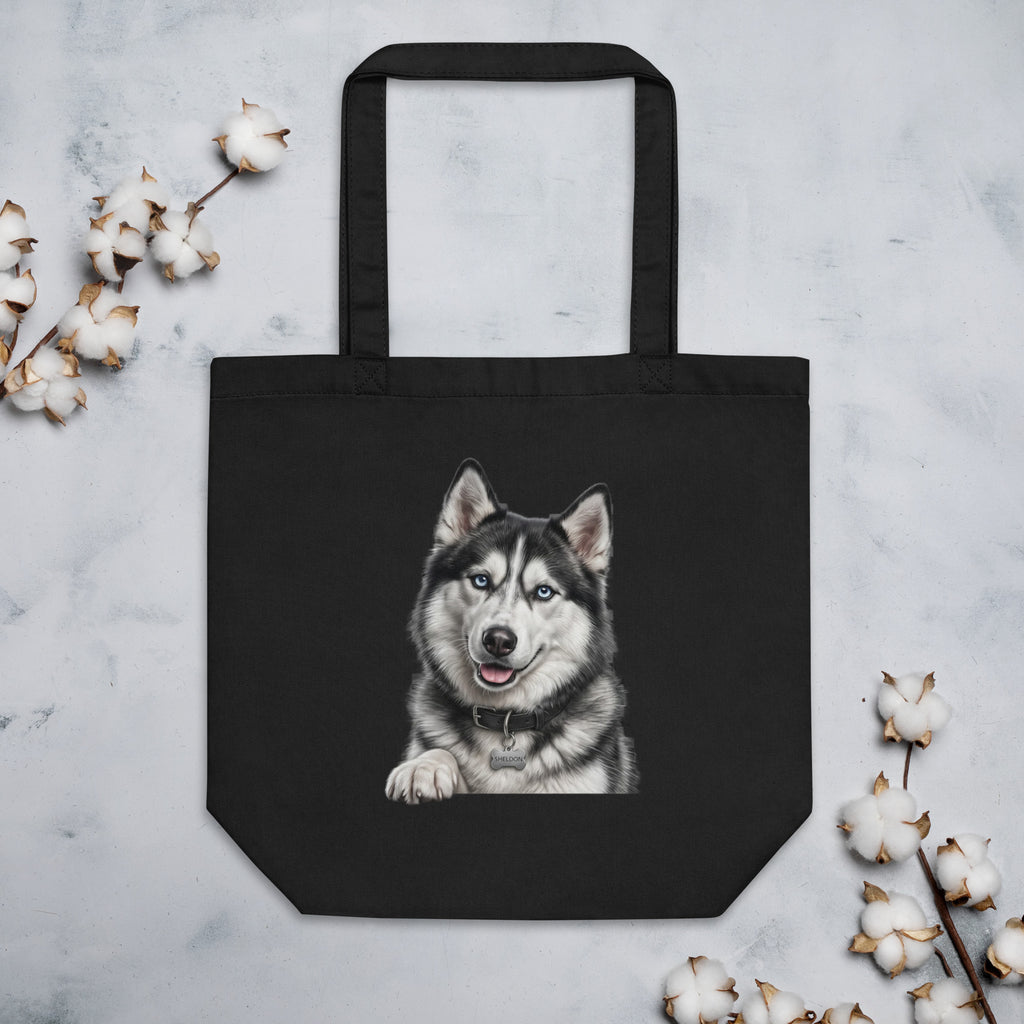 Sheldon the husky in full dramatic mode, Drama King design on organic cotton eco tote bag, black, front view