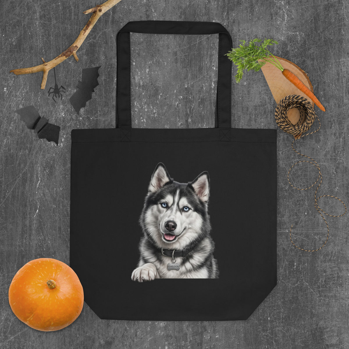 Sheldon the husky in full dramatic mode, Drama King design on organic cotton eco tote bag, black, front view