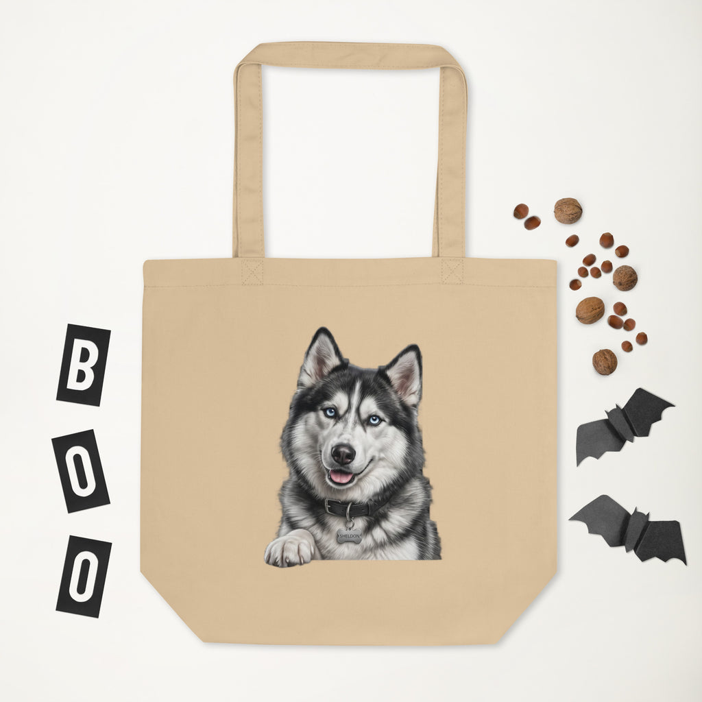 Sheldon the husky in full dramatic mode, Drama King design on organic cotton eco tote bag, oyster, front view