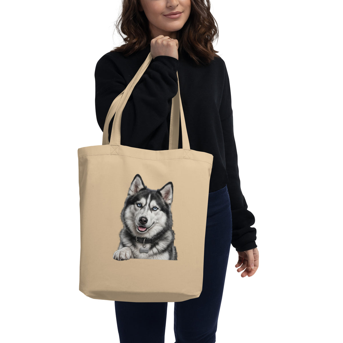 Sheldon the husky in full dramatic mode, Drama King design on organic cotton eco tote bag, oyster, front view