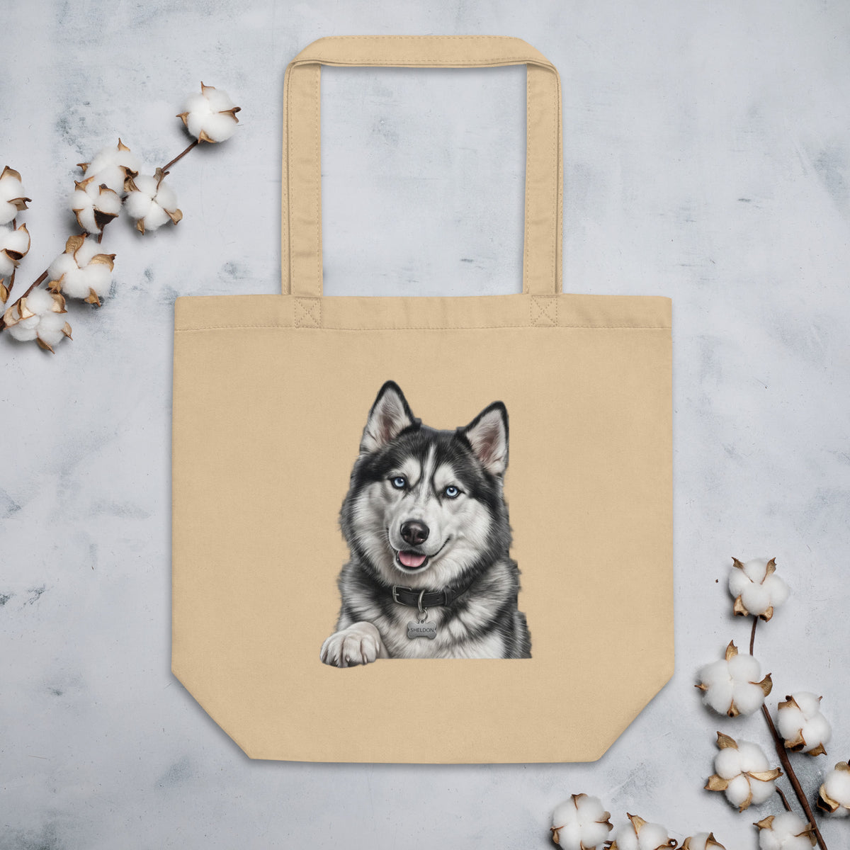 Sheldon the husky in full dramatic mode, Drama King design on organic cotton eco tote bag, oyster, front view