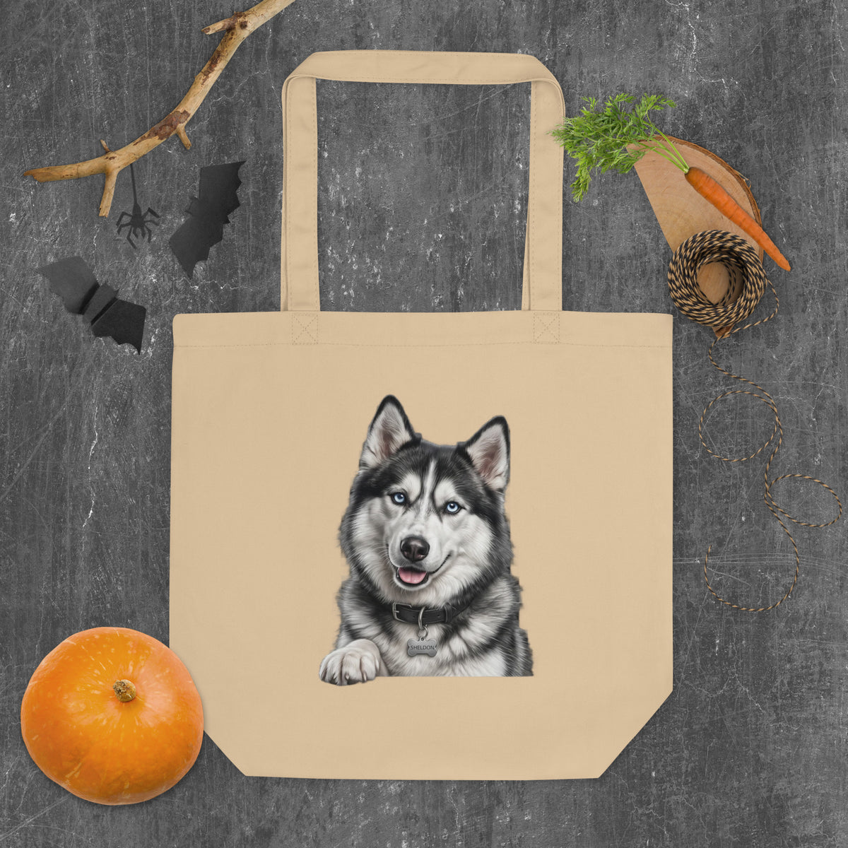 Sheldon the husky in full dramatic mode, Drama King design on organic cotton eco tote bag, oyster, front view
