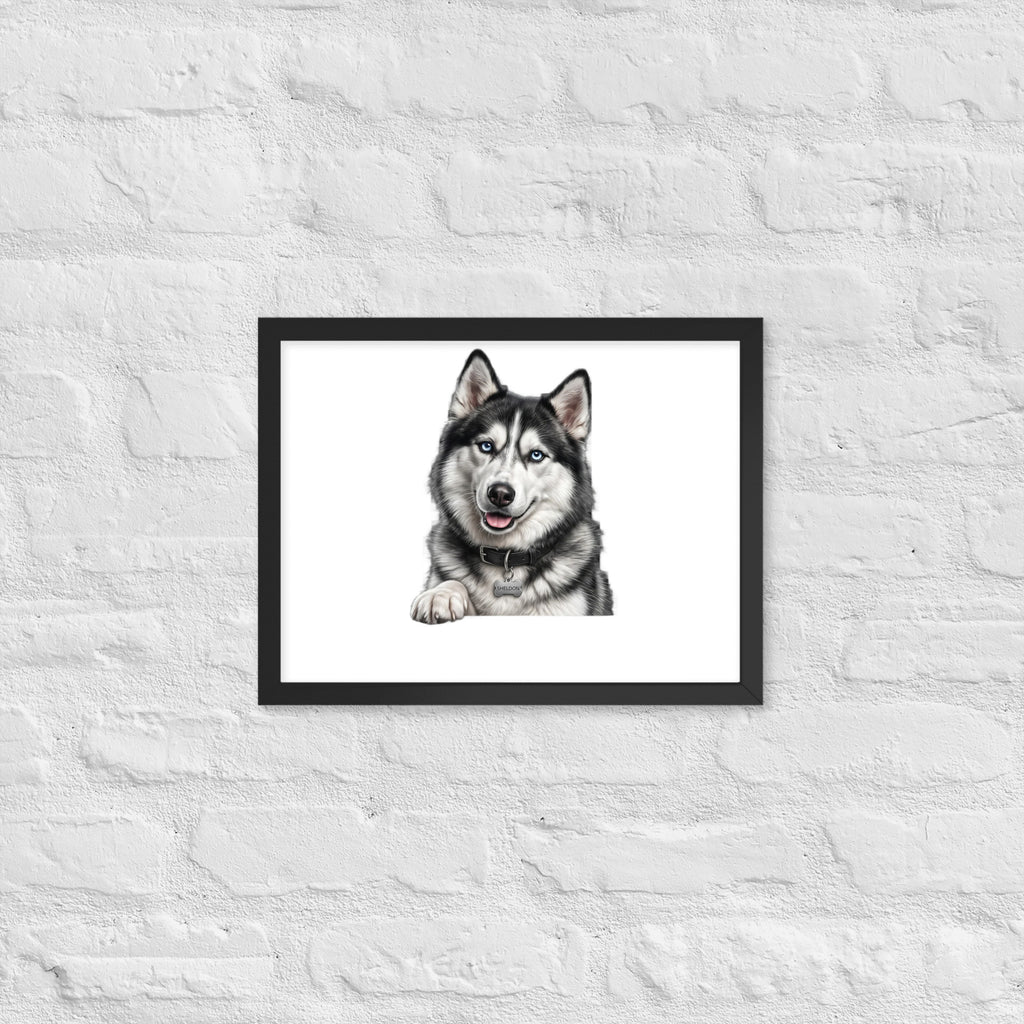 Sheldon the husky wearing a crown, Drama King framed poster in black frame, 12x16, front view
