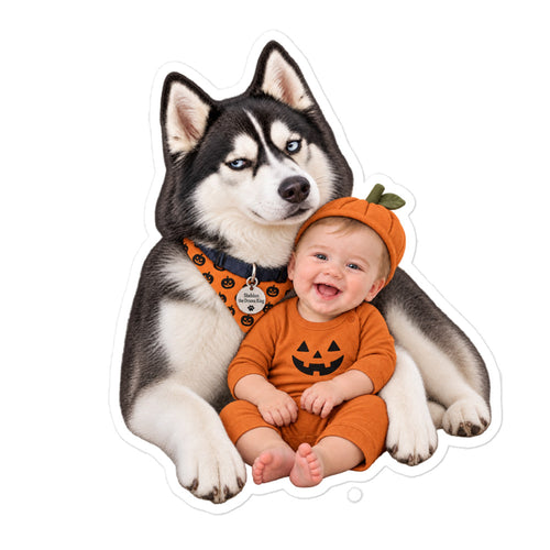 Sheldon the husky in an orange pumpkin bandana holding baby Leonard in a pumpkin costume — Halloween kiss-cut vinyl sticker mockup
