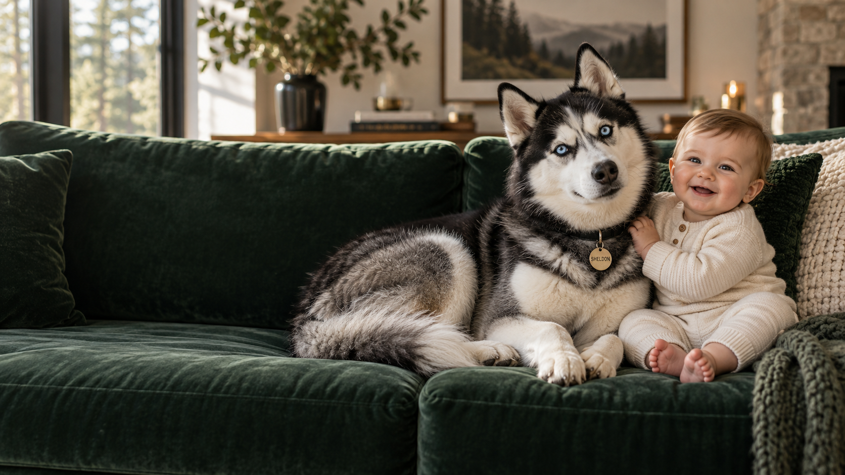 Sheldon the husky cuddling beside Leonard on a green sofa