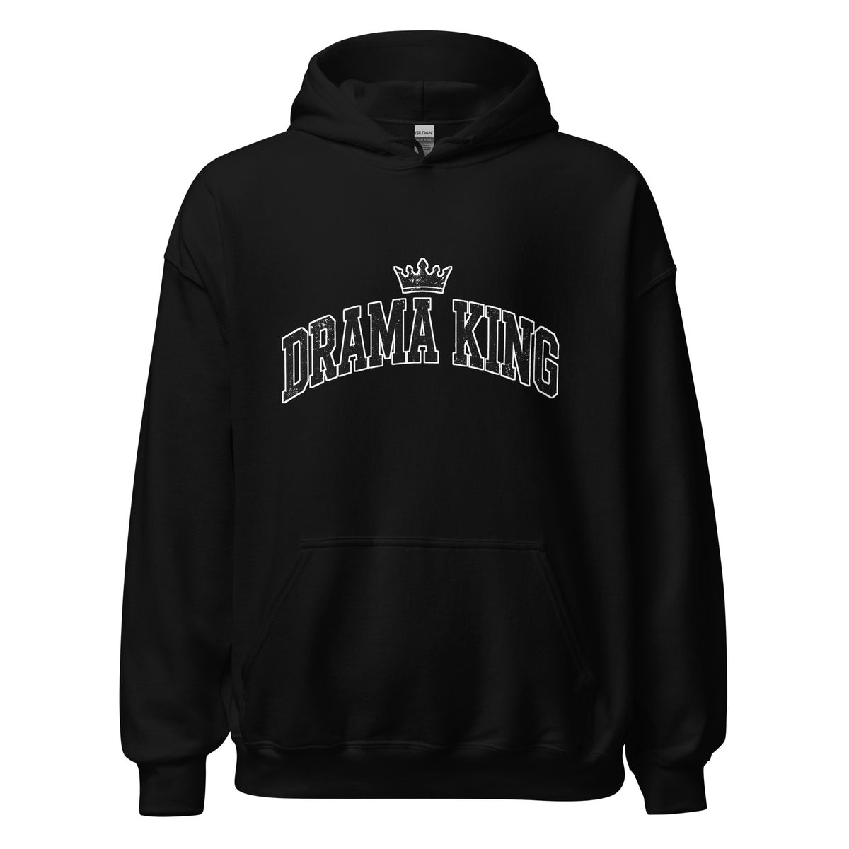 Drama King varsity hoodie — black heavy blend hoodie with white-outlined DRAMA KING crown chest print
