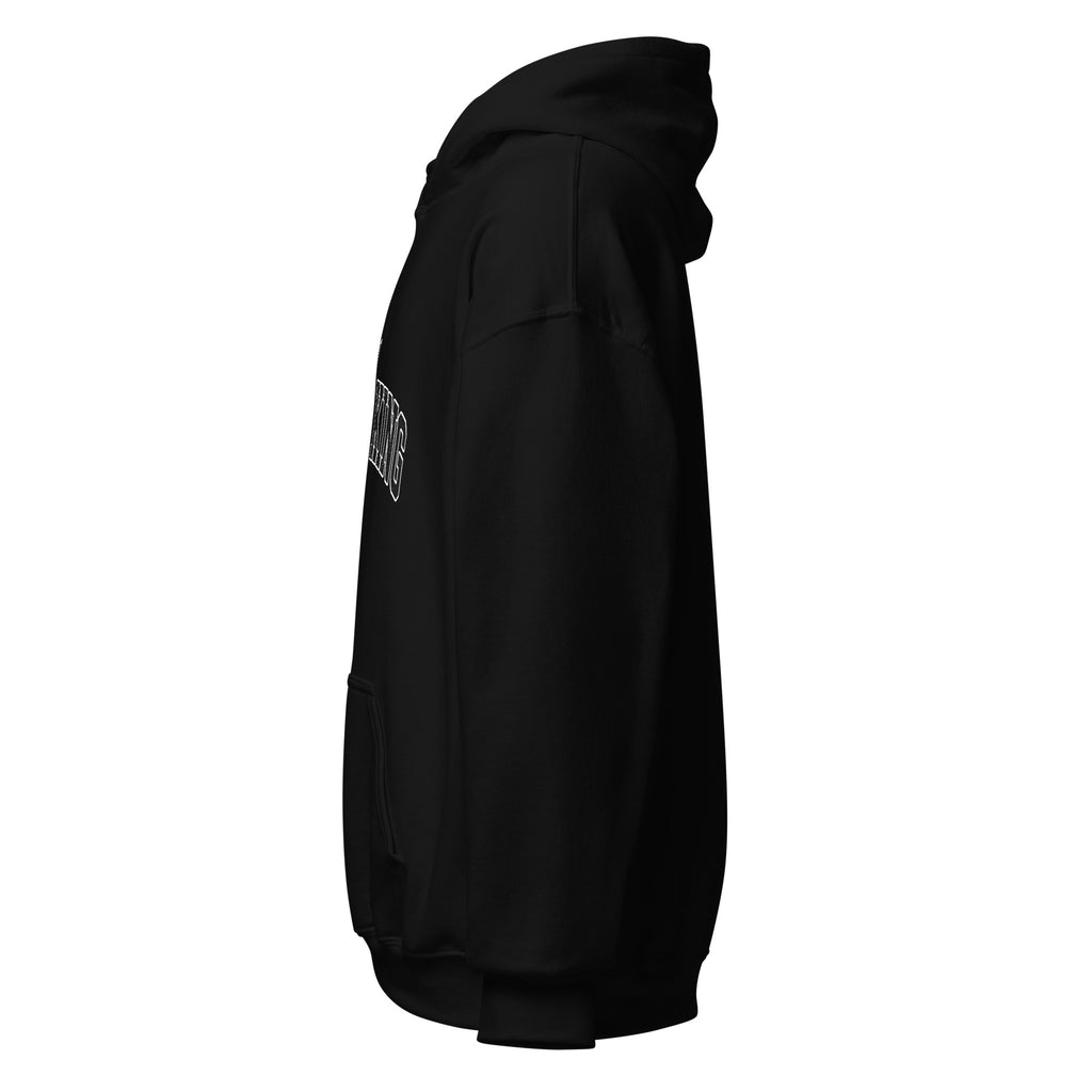 Drama King varsity hoodie left side view — black heavy blend hoodie
