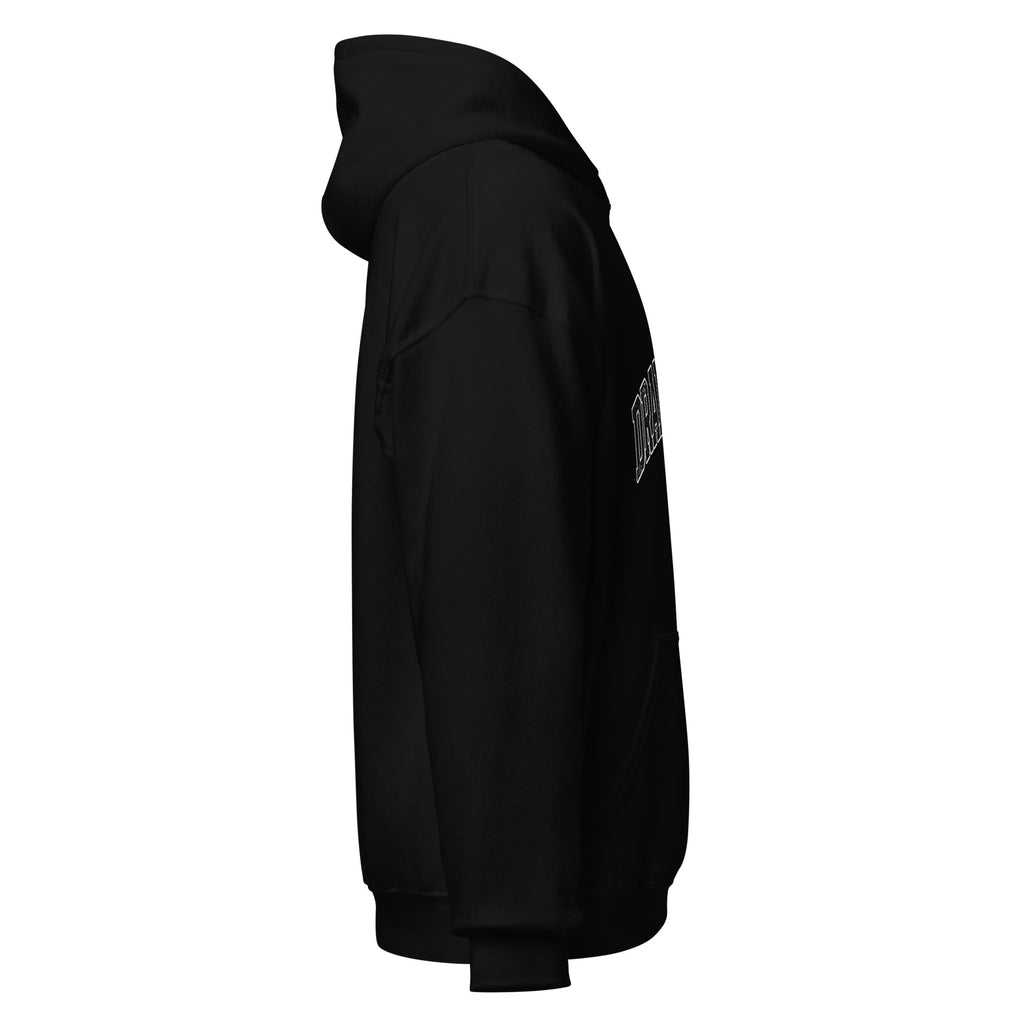 Drama King varsity hoodie right side view — black heavy blend hoodie