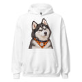 Sheldon Halloween Bandana Hoodie — white Gildan 18500 hoodie with a spooky husky wearing a pumpkin bandana, large centered chest print