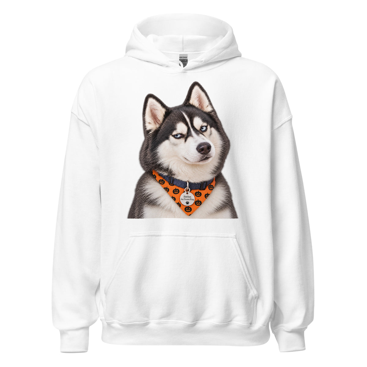 Sheldon Halloween Bandana Hoodie — white Gildan 18500 hoodie with a spooky husky wearing a pumpkin bandana, large centered chest print