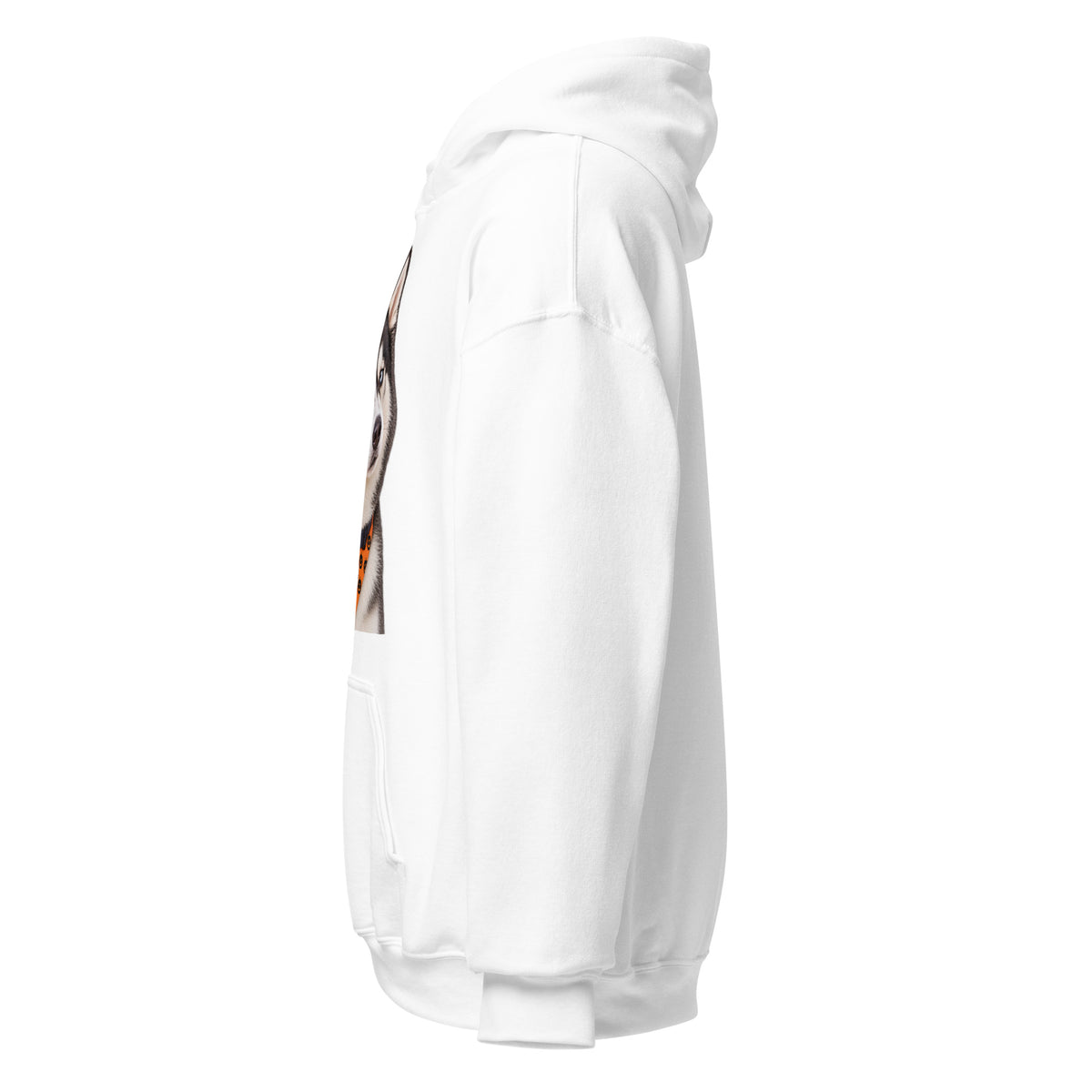 Left sleeve view of Sheldon Halloween Bandana Hoodie — white Gildan 18500 hoodie