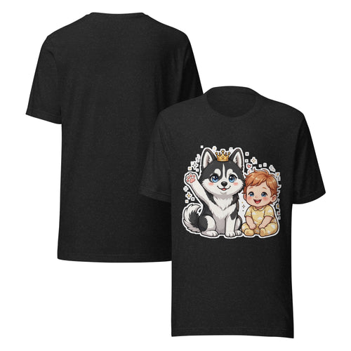Sheldon and Leonard Best Buds tee — black Bella + Canvas t-shirt with Sheldon the husky and baby Leonard graphic on chest