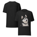 Black Bella + Canvas unisex tee with a cute husky graphic — Sheldon sitting pretty with his tongue out, front and back mockup