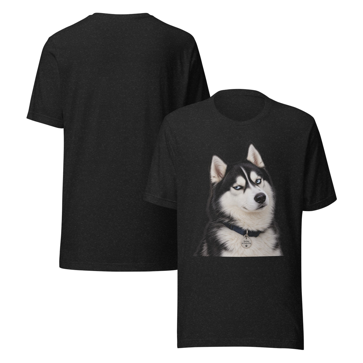 Black Bella + Canvas unisex tee with a cute husky graphic — Sheldon sitting pretty with his tongue out, front and back mockup