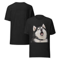 Black heather Bella + Canvas unisex tee with a funny husky graphic — Sheldon mid-howl, front and back mockup