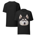 Black heather Bella + Canvas unisex tee with a funny grumpy husky graphic — the judging stare, front and back mockup