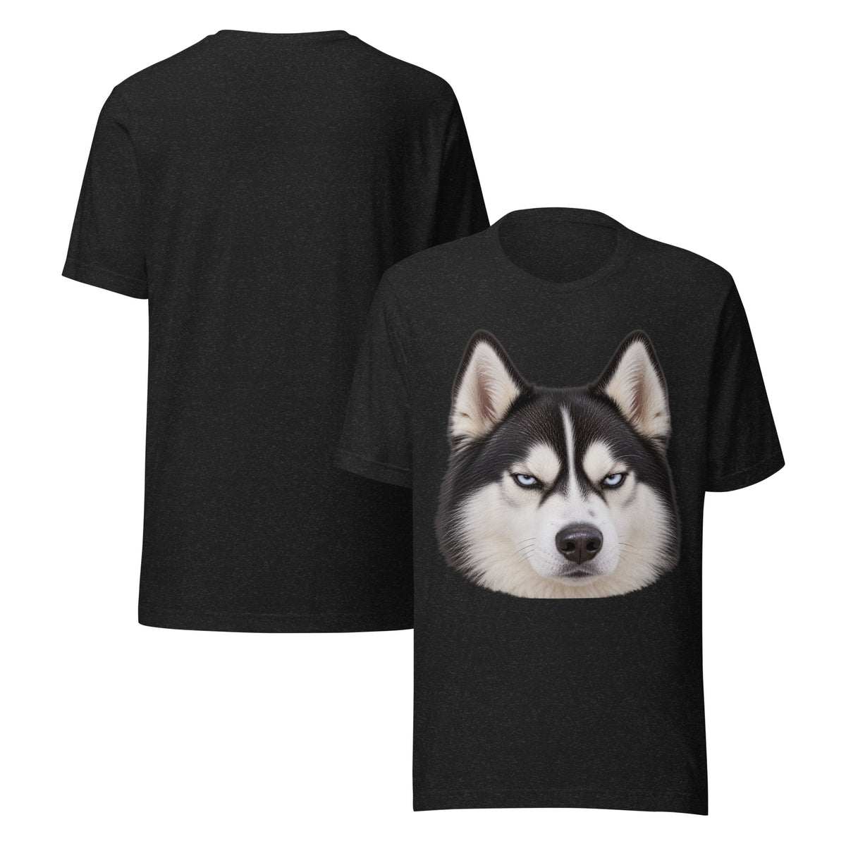 Black heather Bella + Canvas unisex tee with a funny grumpy husky graphic — the judging stare, front and back mockup