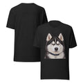 Black Bella + Canvas t-shirt with a realistic portrait print of Sheldon the husky, the Drama King