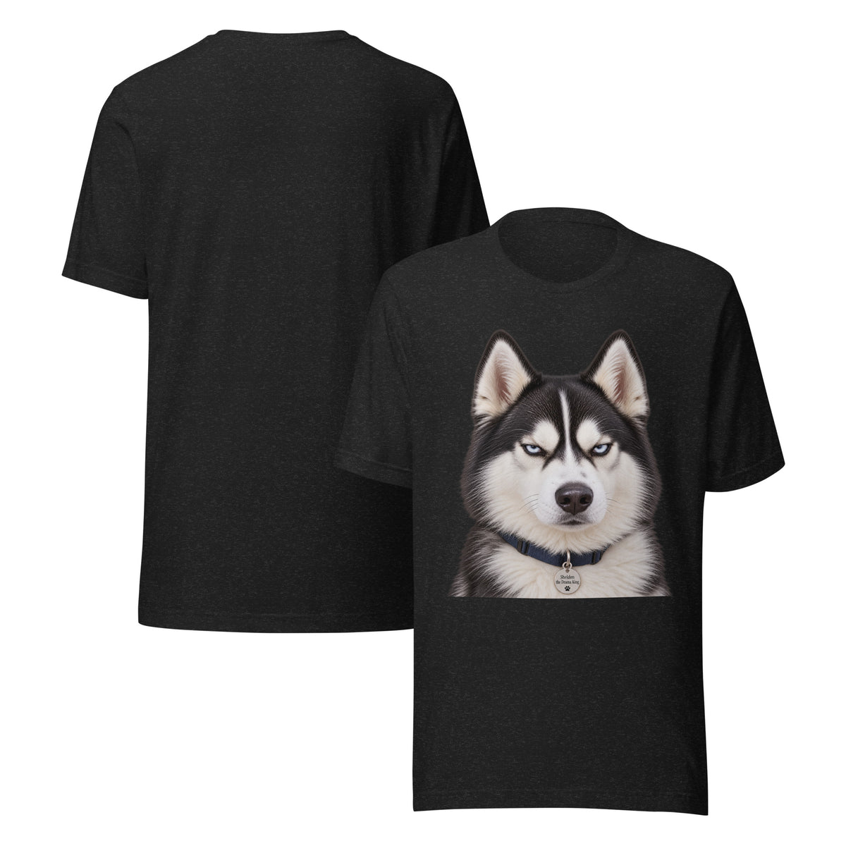 Black Bella + Canvas t-shirt with a realistic portrait print of Sheldon the husky, the Drama King