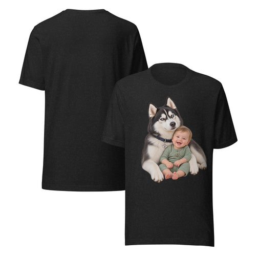 Black Bella + Canvas t-shirt with a realistic print of Sheldon the husky and baby Leonard cuddling together, best buds
