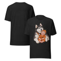 Black Bella + Canvas t-shirt with a spooky Halloween print of Sheldon the husky wearing a pumpkin bandana